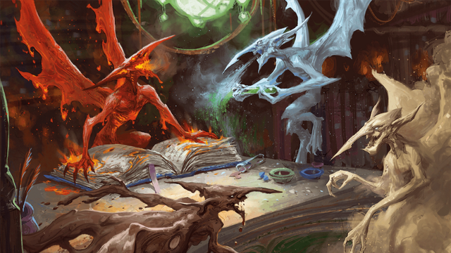 Official art from Wizards of the Coast, featuring a group of elemental mephits poring over a book.