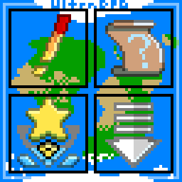 Pixel art of four different markers. Top left, fiery explanation point. Top right, unraveled scroll with a blue question mark. Bottom left, star marker with blue accessories. Bottom right, grey arrow with three segments. The background is a world map.