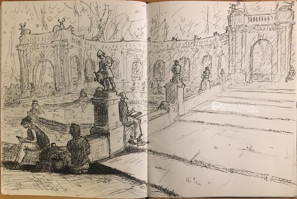 park scenery . three people on the left are on the side of a richly decorated well/ fountain, that has many animal and human sculptures of fairytale realms on and in it, and flat stairs besides it that lead to a double-sided archway with deer and other animals on it.