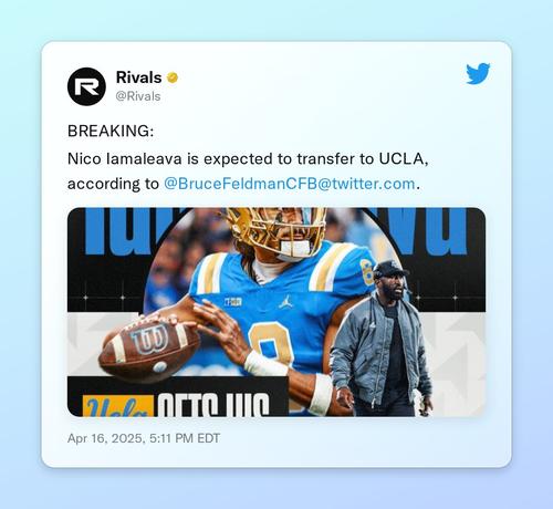 BREAKING:

Nico Iamaleava is expected to transfer to UCLA, according to @BruceFeldmanCFB. https://t.co/HlLxRYcjyw