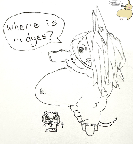 A humanoid male character with comically large breasts is looking through binoculars saying "Where is Ridges?" While a smaller character is hidden by his comically large breasts.
