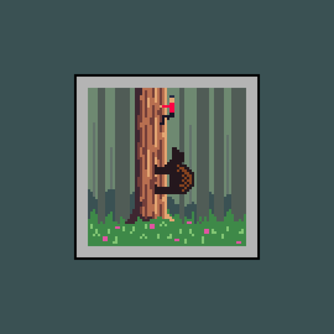 64x64 pixel art of a man climbing a tree, with a bear climbing behind him.