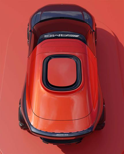 Top view of a sleek, red sports car with a sunroof and AMG branding, parked against a matching red background.
