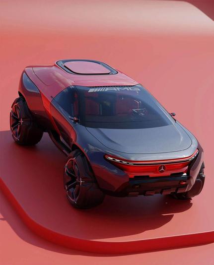 Futuristic, concept car with a sleek design, large wheels, and a panoramic roof, set against a red background.