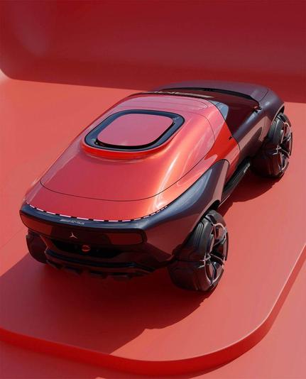 Futuristic, concept car with a sleek design, large wheels, and a panoramic roof, set against a red background.