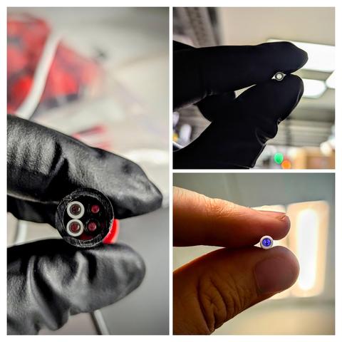 The left side of this photo is a gloved hand holding a vial containing four optichromic rods. The top right photo shows that the liquid inside these optichromic rods is clear prior to exposure to gamma radiation. The bottom right photo shows a rod that has been exposed. Material inside has turned purple.