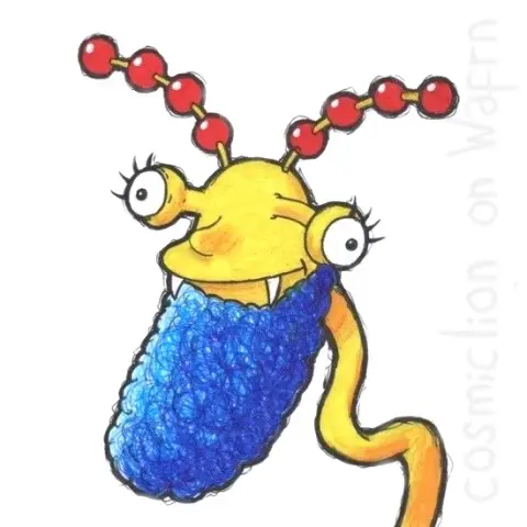 Traditional illustration made with black ink and color pencils. It is a redraw of a scene from season 5 episode 6 of The Simpsons, Marge On The Lam. It a monster with yellow skin, a thin long neck, a long curly blue beard, fangs, snail-like eyes with long lashes and two antennae with red pearls from Homer's imagination. The background is white.