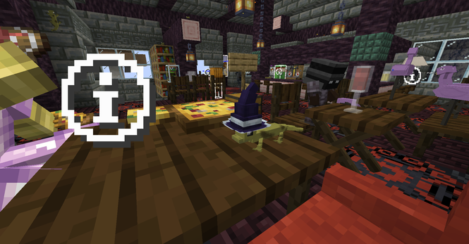 Minecraft screenshot. A bustling bar with lawn flamingos, a lizard wearing a wizard hat, pizza, and various drinks.