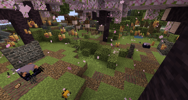 Minecraft screenshot. A path inside a secluded cherry grove is dotted with floating orange candles and obsidian-sided tables.