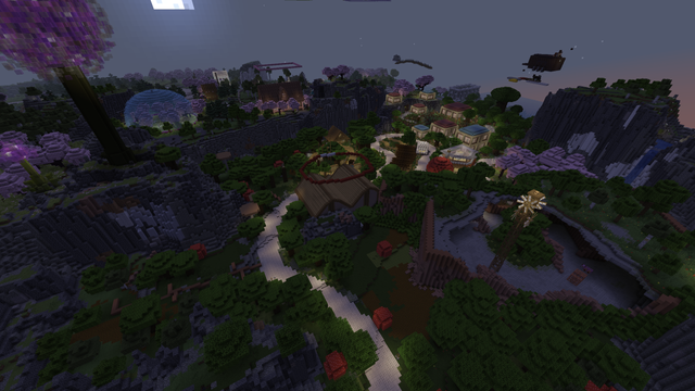Minecraft screenshot. A large section of path winds through a dark forest, passing various houses and buildings. In the distance, strange buildings - such as a dome and a giant purple tree - can be seen.