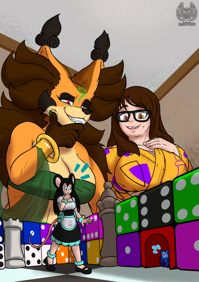 An anthro vixen and a human lady sitting by a table and watching from above a little ‘hide and seek’ game of sorts, as a small mouse girl wanders a make-shift maze made of a chess board, pieces and various colored dice searching for an even tinier blue wolf hiding among the walls.