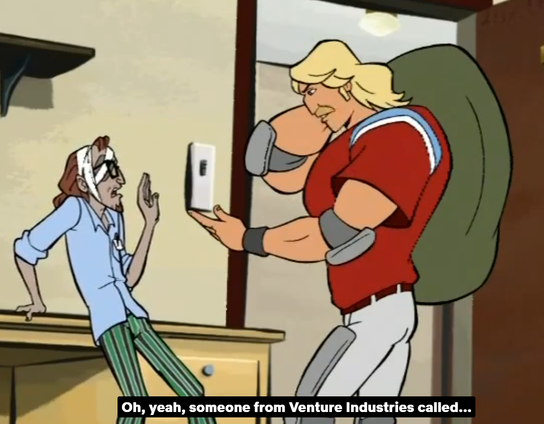 screenshot from college flashback episode of venture bros where Brock is apologizing to Rusty for beating him up.