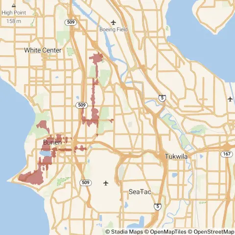 A map showing the location of the outage, centered around Southwest 144th Street in Burien.