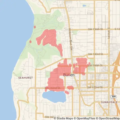 A map showing the location of the outage, centered around Southwest 146th Street in Burien.