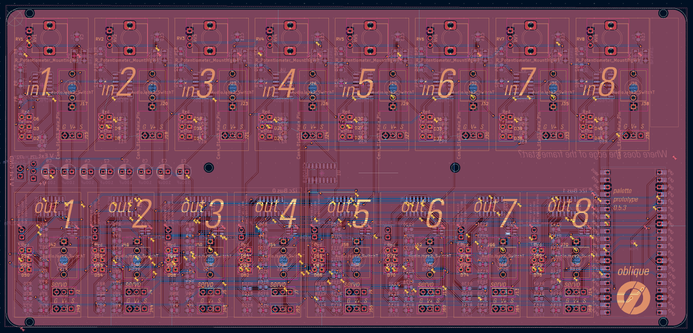 A circuit board design with eight clearly-marked inputs along the top and eight clearly-marked outputs on the bottom, analog outputs and servos alike.