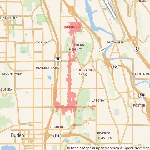 A map showing the location of the outage, centered around 12th Avenue South in the Boulevard Park area of Burien.
