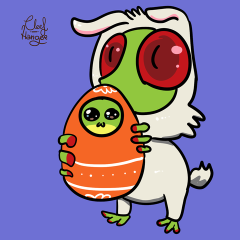 Frogencia dressed as a bunny holds Froggelio dressed as an egg who has a cute face.
