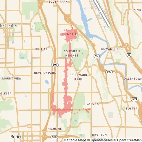A map showing the location of the outage, centered around 12th Avenue South in the Boulevard Park area of Burien.
