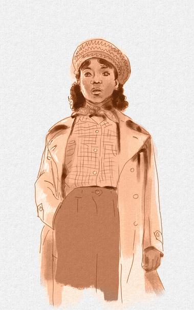 Monochrome drawing of Claudia in 1940s style wearing pants, mens shirt, a beret and a raincoat