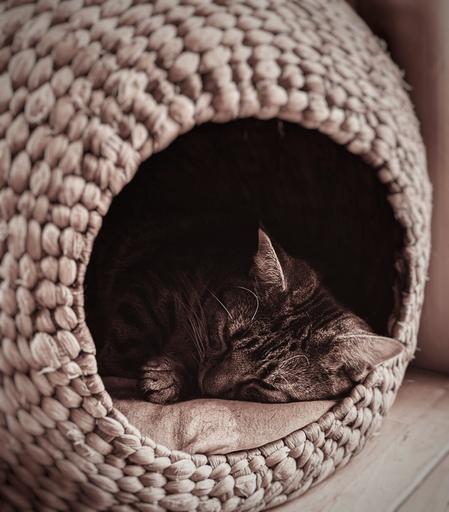 Monochrome sepia photo: a cute tabby cat sleeping in a ball cat house made of stray.