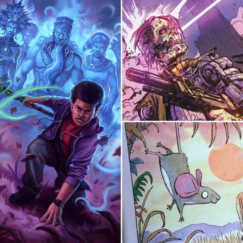 A collage of three comic scenes: a young man with glowing magic, a laser-blasted robot head, and a mouse hanging upside down on a plant.