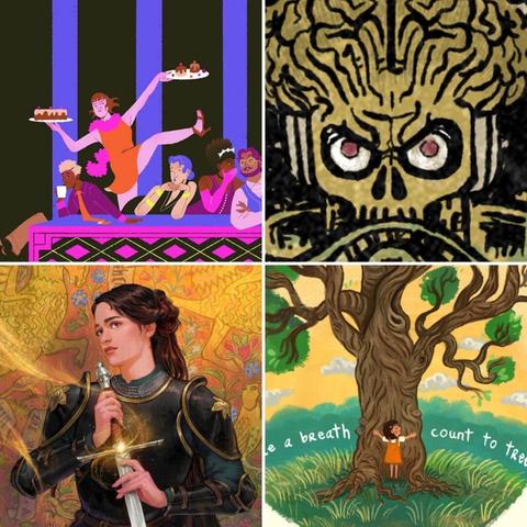 Four-panels showing: a server carrying desserts, a skull with mechanical features, a woman in armour holding a sword, and a child hugging a large tree.
