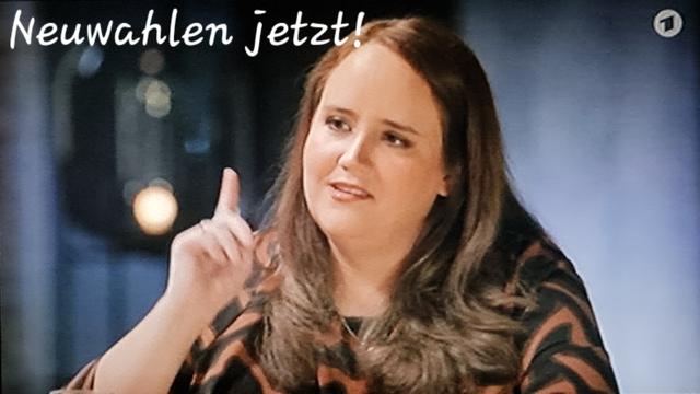 Ricarda Lang mit erhobenem Zeigefinger, spruch: Neuwahlen jetzt!