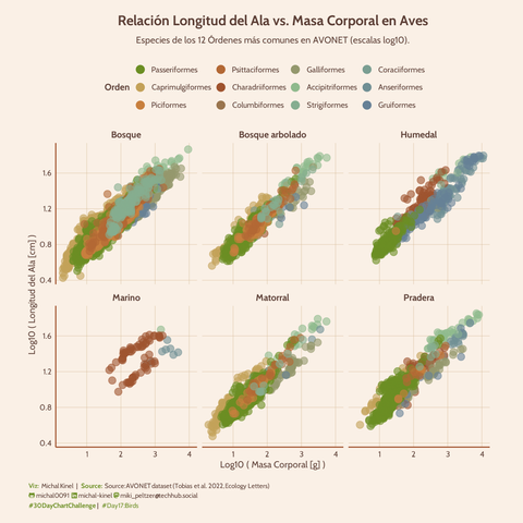 Gráfico facetado en 6 paneles (por tipo de hábitat: Bosque, Bosque arbolado, Humedal, Marino, Matorral, Pradera) que muestra la relación entre Log10(Longitud del Ala [cm]) en el eje Y y Log10(Masa Corporal [g]) en el eje X para más de 9500 especies de aves. Los puntos en cada scatter plot están coloreados según el Orden taxonómico (12 órdenes representados en la leyenda). Se observa una tendencia general positiva en todos los paneles, con variaciones en la dispersión y posición de los puntos según el hábitat y el orden. El gráfico usa un tema con fondo beige claro. Fuente: AVONET dataset (Tobias et al. 2022).