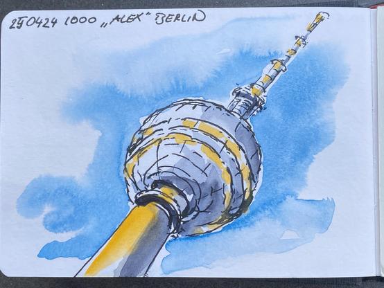 Watercolour in Orange, Blue and Paynes Gray over a sketch in black ink of a pole with a big ball a little bit under the top.
