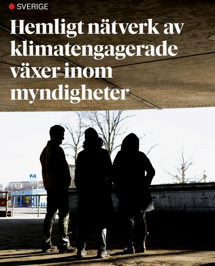 Bild på tre personer som står med ryggen mot kameran. Text: Hemligt nätverk av klimatengagerade växerinom myndigheter.