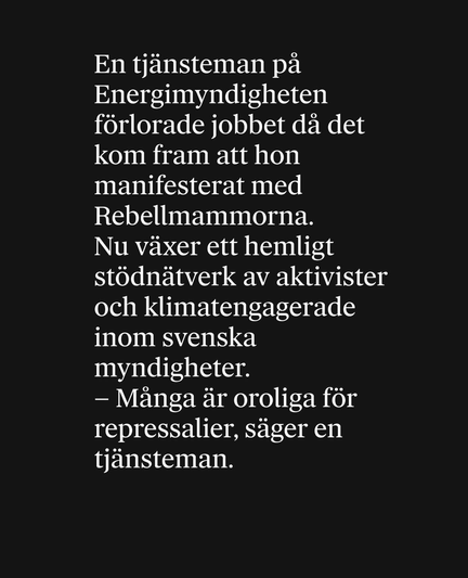 Svart bakgrund med vit text: En tjänsteman på  Energimyndigheten förlorade jobbet då det kom fram att hon manifesterat m Rebellmammorna. Text: En tjänsteman pa Energimyndigheten förlorade jobbet dà det kom fram att hon manifesterat med Rebellmammorna. Nu växer ett hemligt stödnätverk av aktivister och klimatengagerade inom svenska myndigheter. - Många är oroliga för repressalier, säger en tjänsteman.