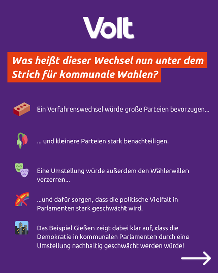 Textkachel unter der Überschrift "Volt" steht:
Was heißt dieser Wechsel nun unter dem Strich für kommunale Wahlen?
Pic eines Ziegelsteins - Ein Verfahrenswechsel würde große Parteien bevorzugen ...
Pic einer welken Blume - ... und kleinere Parteien stark benachteiligen.
Pic von zwei Theatermasken - Eine Umstellung würde außerdem den Wählerwillen verzerren ...
Pic eines durchgestrichenen Regenbogens - ... und dafür sorgen, dass die politische Vielfalt in Parlamenten stark geschwächt wird.
Pic einer Stadt - Das Beispiel Gießen zeigt dabei klar auf, dass die Demokratie in kommunalen Parlamenten durch eine Umstellung nachhaltig geschwächt werden würde!