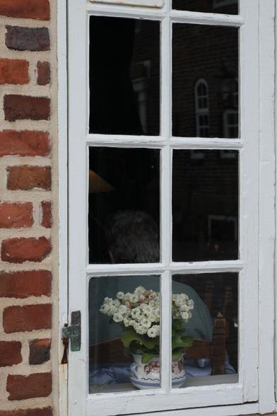 Blick durch ein weißes Sprossenfenster in einer Backsteinmauer. Auf der Fensterbank steht ein geblümter Blumentopf mit weißen Blumen, dahinter sitzt eine Person mit kurzem grauen Haar mit dem Rücken zum Fenster. Über ihr ein Teil eines Lampenschirm. Im Rest des Fensters spiegelt sich das gegenüberliegende Gebäude.
