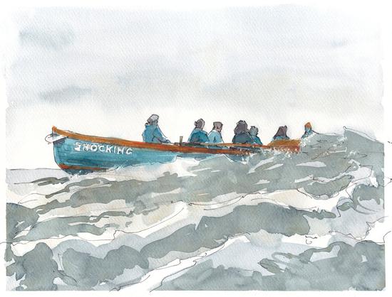 A line art and water color painting of a rowboat with 7 rowers on high sea. Grey waves, grey sky.