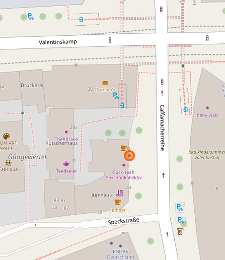 Lageplan mit Valentinskamp und Caffamacherreihe. In der Caffamacherreihe der Marker für Hamburg Werbefrei