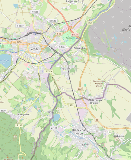 Bildschirmfoto einer Karte von OpenStreetMap mit dem Fokus auf den polnischen Zipfel im Dreiländereck PL, CZ, DE. Lizenz: OpenStreetMap openstreetmap.org/copyright