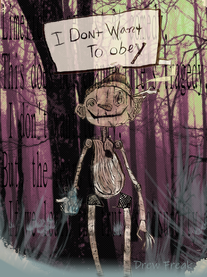 Guielermo del toro pinochio standing in the woods saying I don't want to obey. he is kind of translucent as if a spirit but he is not dead. it is about eternity but I don't understand it just following my instincs