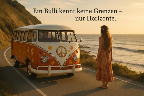 Auf einer sanft geschwungenen Küstenstraße, wo sich Asphalt und Horizont in goldenem Licht verlieren, steht ein klassischer VW Bulli – leuchtend orange-weiß lackiert, geschmückt mit gemalten Sonnenblumen und einem großen Peace-Zeichen auf der Front. Er wirkt wie ein Relikt der Freiheit, eine fahrende Erinnerung an die Träume der 70er.

Vor dem Bus steht ein wunderschönes Hippiemädchen – barfuß, mit langem, offenem Haar, das vom salzigen Wind gestreichelt wird. Ihr Batikkleid in warmen Erdtönen tanzt leise im Abendlicht. Auf ihrem Kopf ein schlichter Blumenkranz – ein Symbol ihrer Verbindung zur Natur und zur Liebe.

Der Ozean breitet sich hinter ihr aus, unendlich, geheimnisvoll – genauso wie das Leben, das vor ihr liegt. Die Szenerie ist durchdrungen von Stille, Weite und dem leisen Versprechen von Aufbruch.

Oben im Bild steht in klarer Schrift:
„Ein Bulli kennt keine Grenzen – nur Horizonte.“
– ein Mantra für Reisende und Träumer zugleich.
🖖