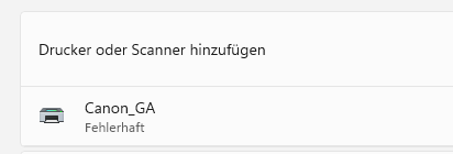 Screenshot von fehlgeschlagener Druckerinstallation
