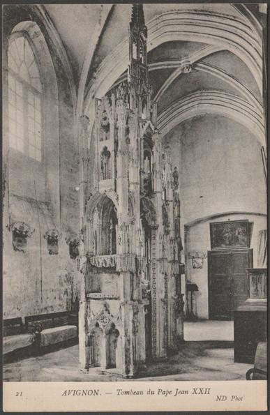 Printed monochrome postcard showing a view of the tomb of Pope John XXII in Notre-Dame des Doms Cathedral at Avignon in Vaucluse, France.

Published by Neurdein et Cie, Paris, ND Phot, No 21, c.1910.

Postally unused.

Good condition, with very slight corner bumps.