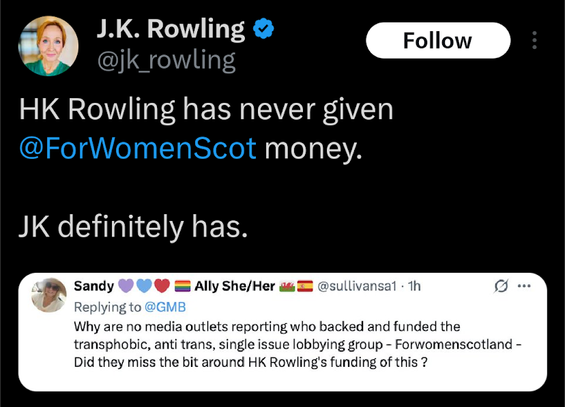 Tweet by JK Rowling stating her funding for anti-trans group For Women Scotland