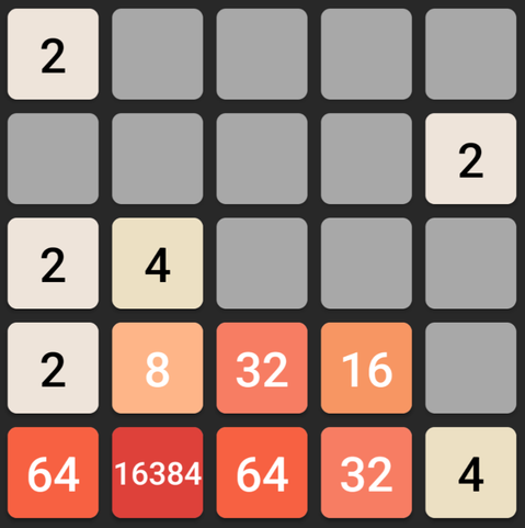 2048 Spielfeld mit 5x5 Feldern. Eine Kachel zeigt den Wert 16384.