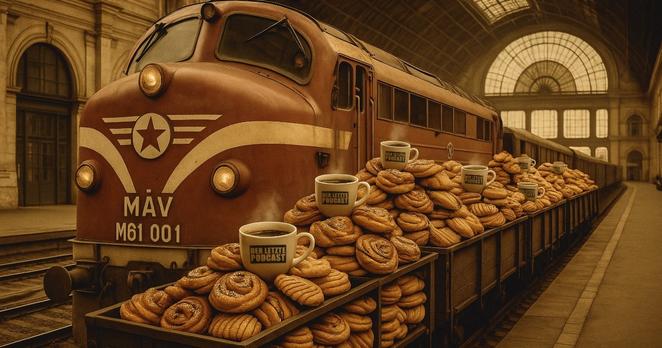 NOHAB-Lokomotive der Baureihe M61 in einem ungarischen Bahnhof voll schwedischem Fika-Gebäck. Per KI generiertes Coverbild von "Der Letzte Podcast" Folge 507.