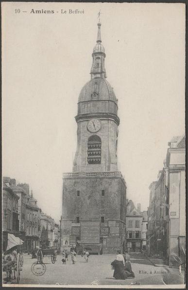 Printed monochrome postcard showing a view of the Belfry at Amiens in Somme, France.

Published by Elie, Amiens, printed by Catala Frères, No 10, c.1910.

Postally unused.

Very good condition, with very slight corner bumps.