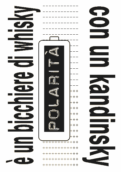 Flyer in bianco e nero con l'immagine stilizzata di una batteria stilo su motivo di simboli meno e più. A lato, in verticale, il testo in due colonne 'è un bicchiere di whisky con un kandinsky.