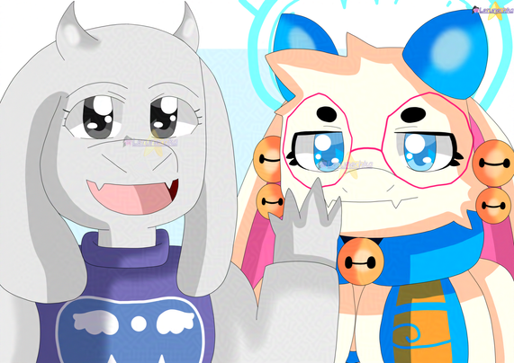 A drawing of two goats. One is gray, has dark gray eyes, wearing a lighter-gray shirt and purple dress with a blue shield drawing on it. The other one is light yellow, wears dark pink glasses, has blue eyes, blue horns, has orange bells on her ears and neck, wears yellow robe with blue accents.