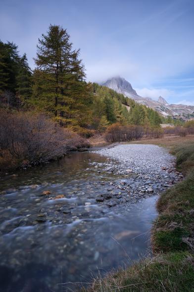 A mountain landscape with a flowing river in the foreground, pine trees, and a mountain peak partially obscured by clouds.
