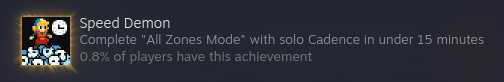 Rare achievement unlocked!

Speed Demon: Complete "All Zones Mode" with solo Cadence in under 15 minutes

0.8% of players have this achievement