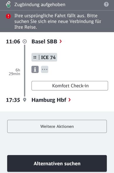 Die ursprüngl. Fahrt auf App angezeigt