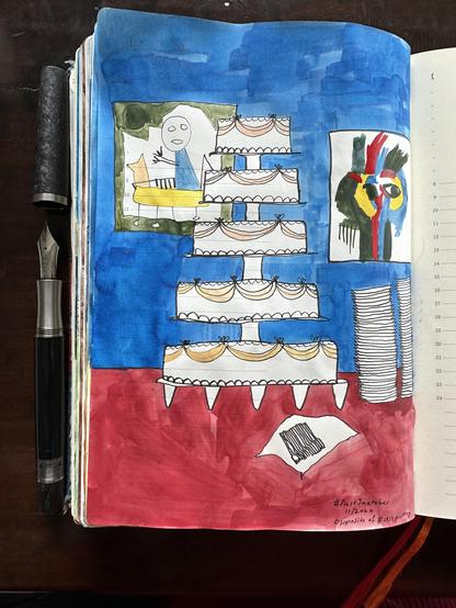 Sketch in sketchbook of a 5-tiered wedding cake on a table with a red cloth. In the background two cobra paintings. In the side are several plates.